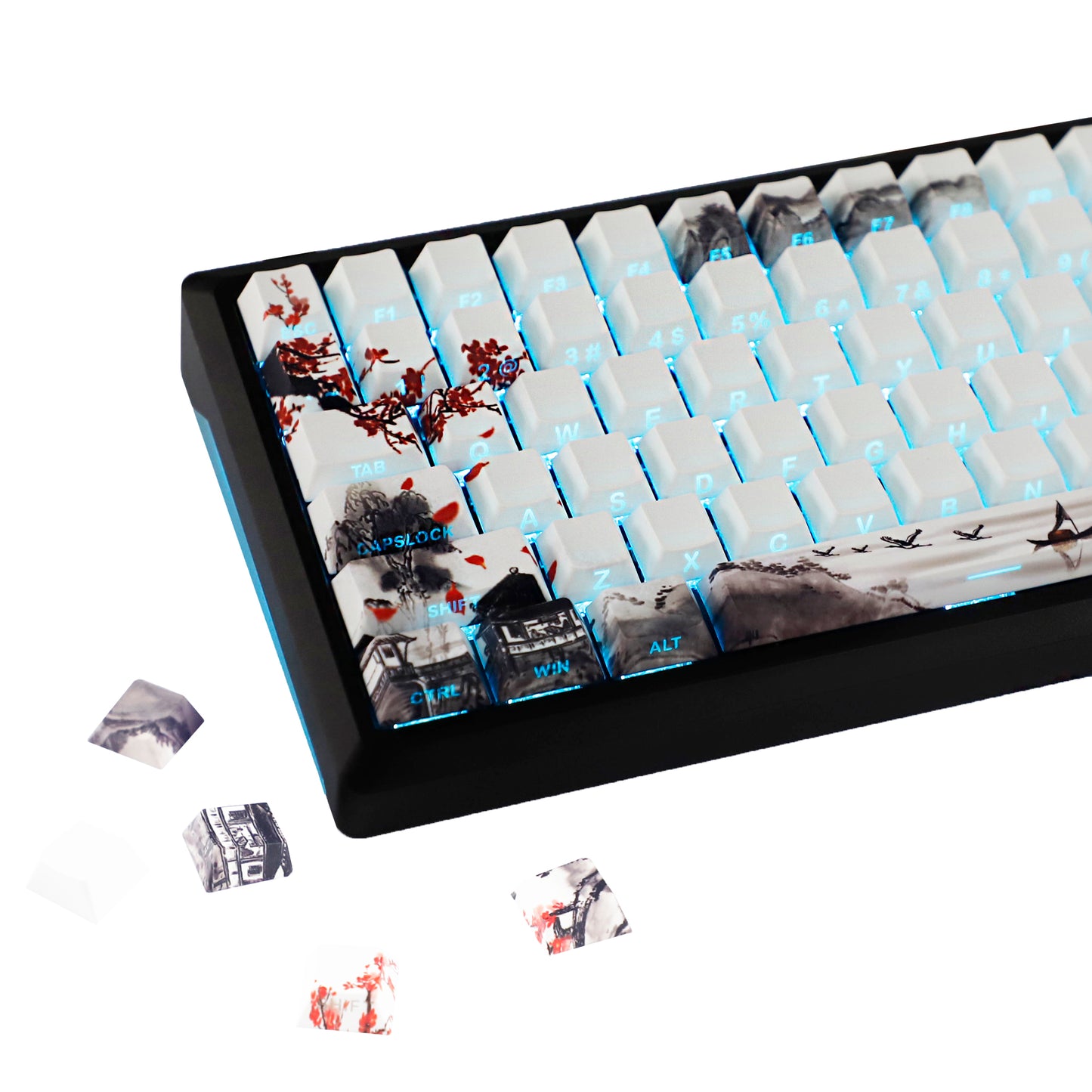 YMDK Plum Blossom Landscape Theme 135 Keys PBT Keycaps Dye Sub Custom Keycap Double Shot Side-lit Shine Through Cherry Profile for MX Mechanical Keyboard