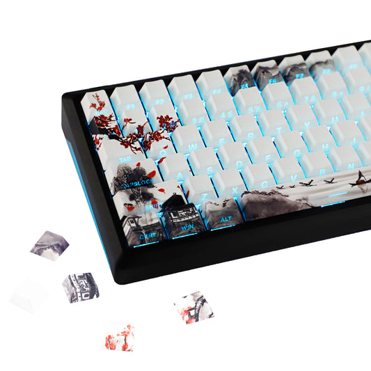 YMDK Plum Blossom Landscape Theme 135 Keys PBT Keycaps Dye Sub Custom Keycap Double Shot Side-lit Shine Through Cherry Profile for MX Mechanical Keyboard