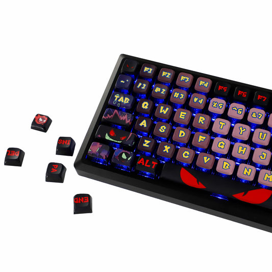 YMDK Evil Briquettes Gengar Cartoon Keycaps Translucent Full Set 122 keys MDA Profile PBT+PC Dye Sub Cool Custom Keycaps for MX Mechanical Keyboard