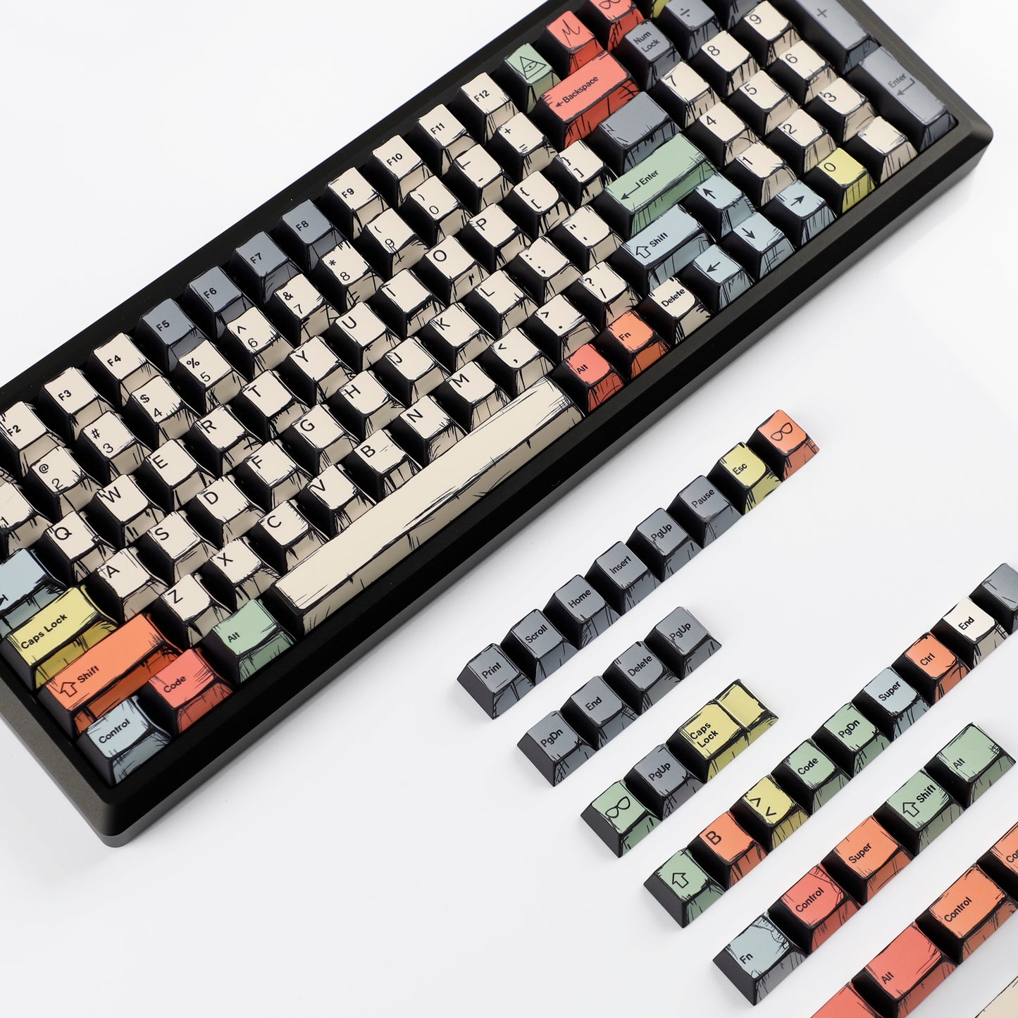 YMDK Comic Style Complete Full Set 136 Keys Keycaps Mixed Light Keycap Creative Interesting PBT Cherry Profile Dye Sub for MX Mechanical Keyboard