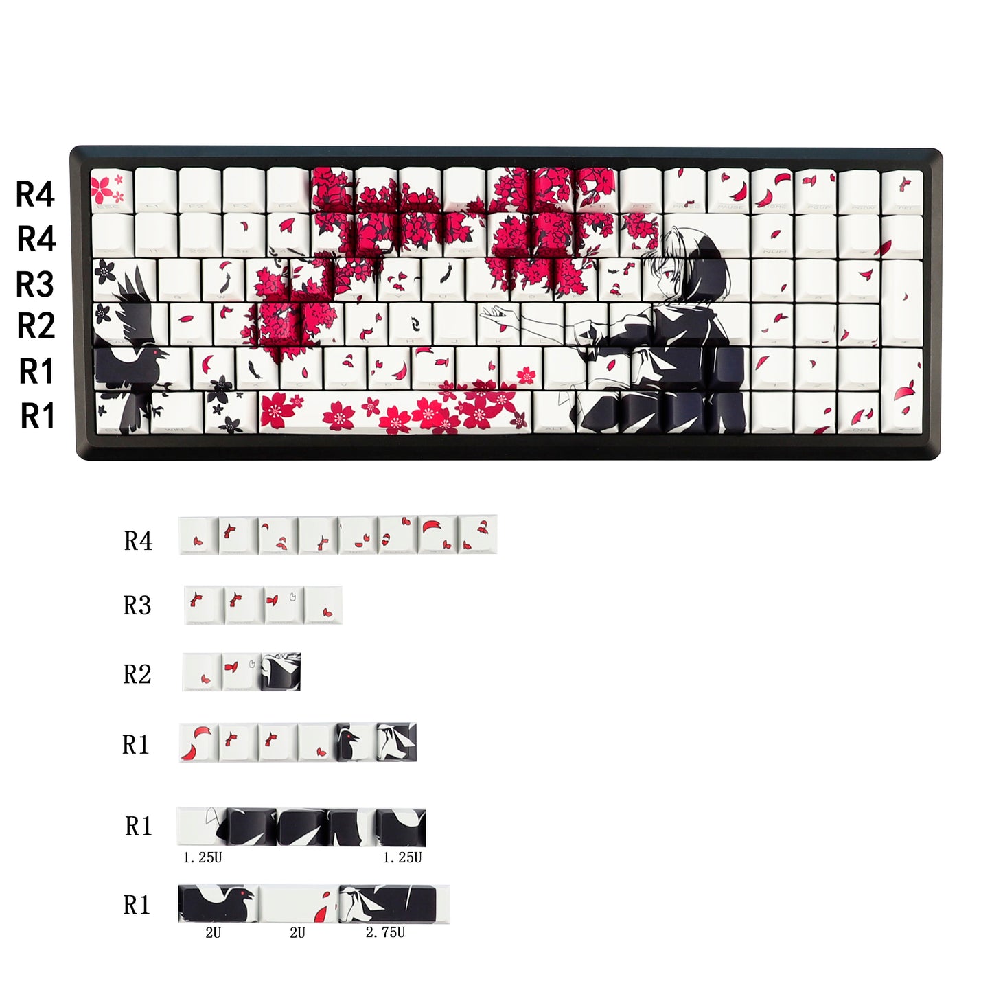 YMDK 131 Raven Sakura Keycap Cherry Profile Double Shot Sidelit Shine Through PBT Keycaps for 65/75/87/98/100/104 MX Mechanical Keyboard