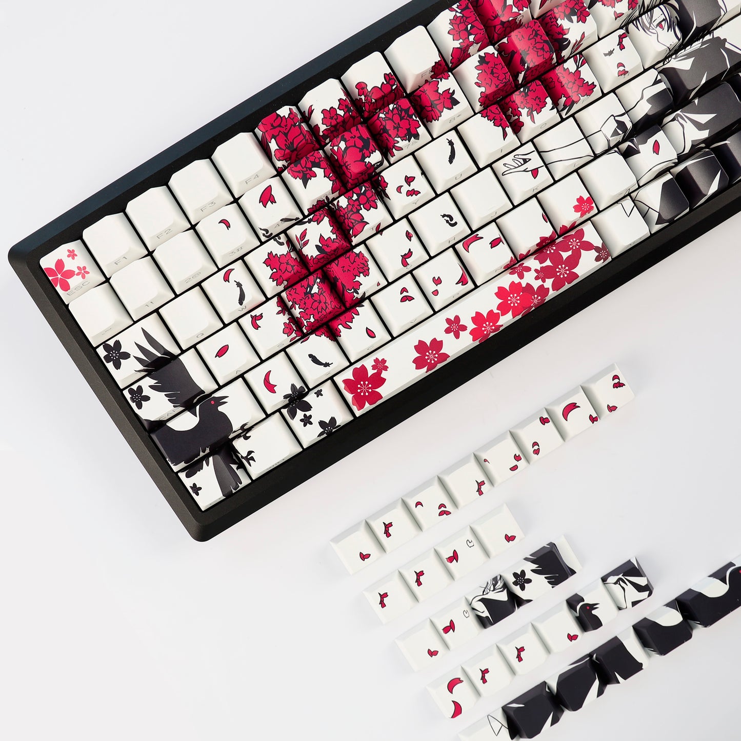 YMDK 131 Raven Sakura Keycap Cherry Profile Double Shot Sidelit Shine Through PBT Keycaps for 65/75/87/98/100/104 MX Mechanical Keyboard