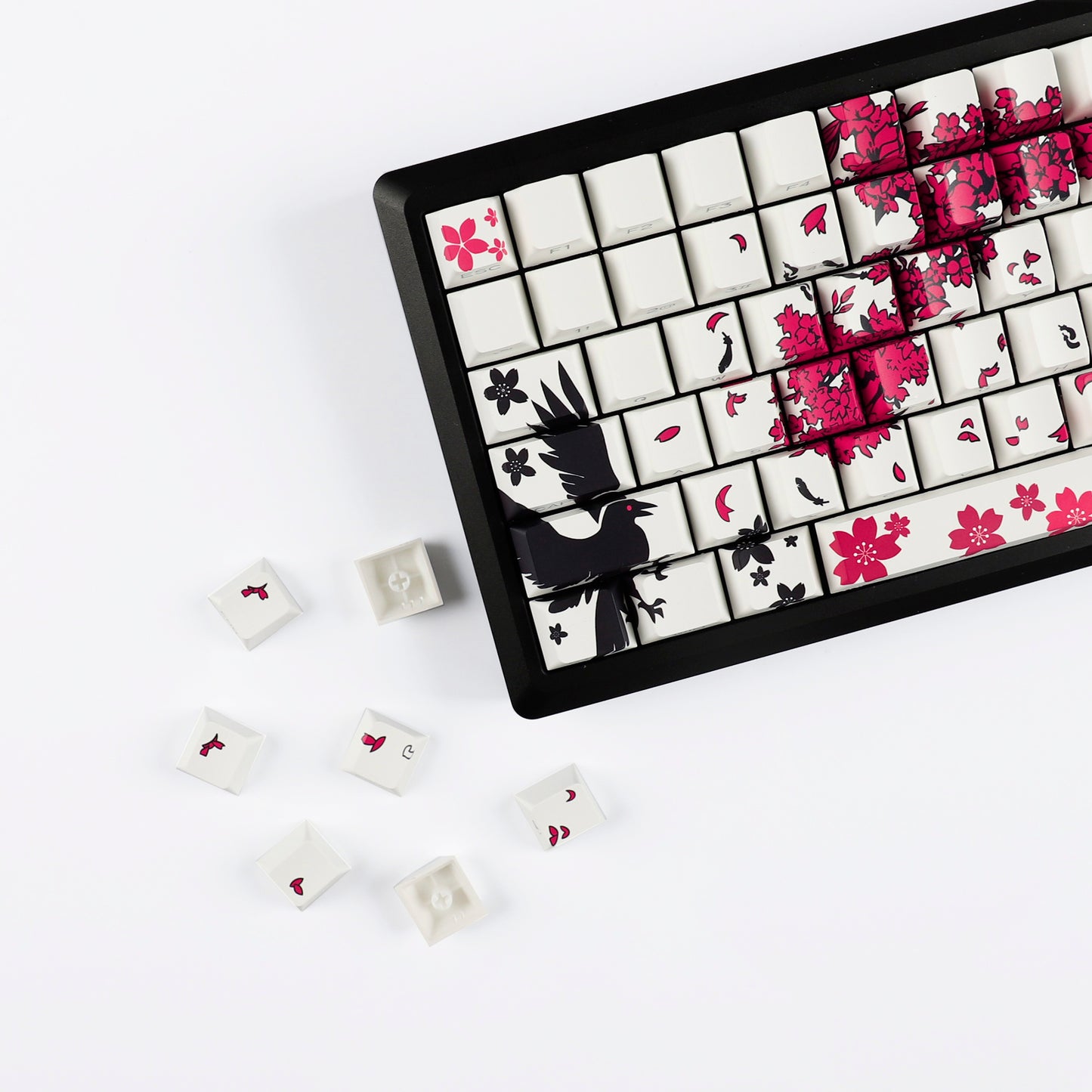 YMDK 131 Raven Sakura Keycap Cherry Profile Double Shot Sidelit Shine Through PBT Keycaps for 65/75/87/98/100/104 MX Mechanical Keyboard