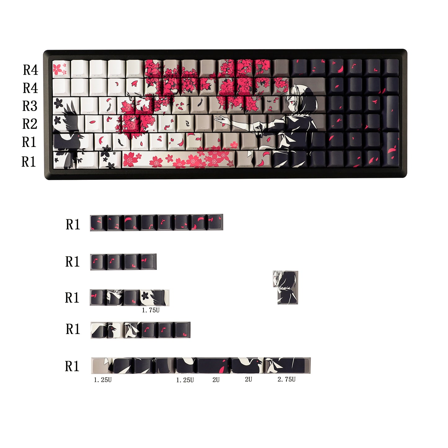 YMDK 131 Raven Sakura Keycap Cherry Profile Double Shot Sidelit Shine Through PBT Keycaps for 65/75/87/98/100/104 MX Mechanical Keyboard