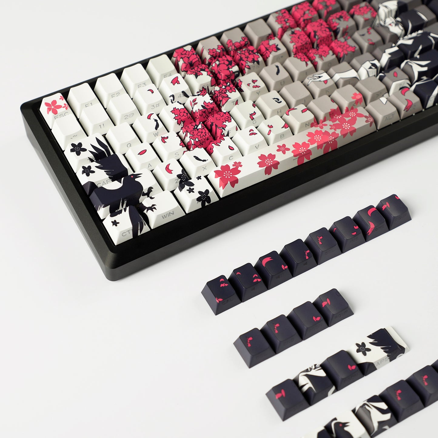 YMDK 131 Raven Sakura Keycap Cherry Profile Double Shot Sidelit Shine Through PBT Keycaps for 65/75/87/98/100/104 MX Mechanical Keyboard