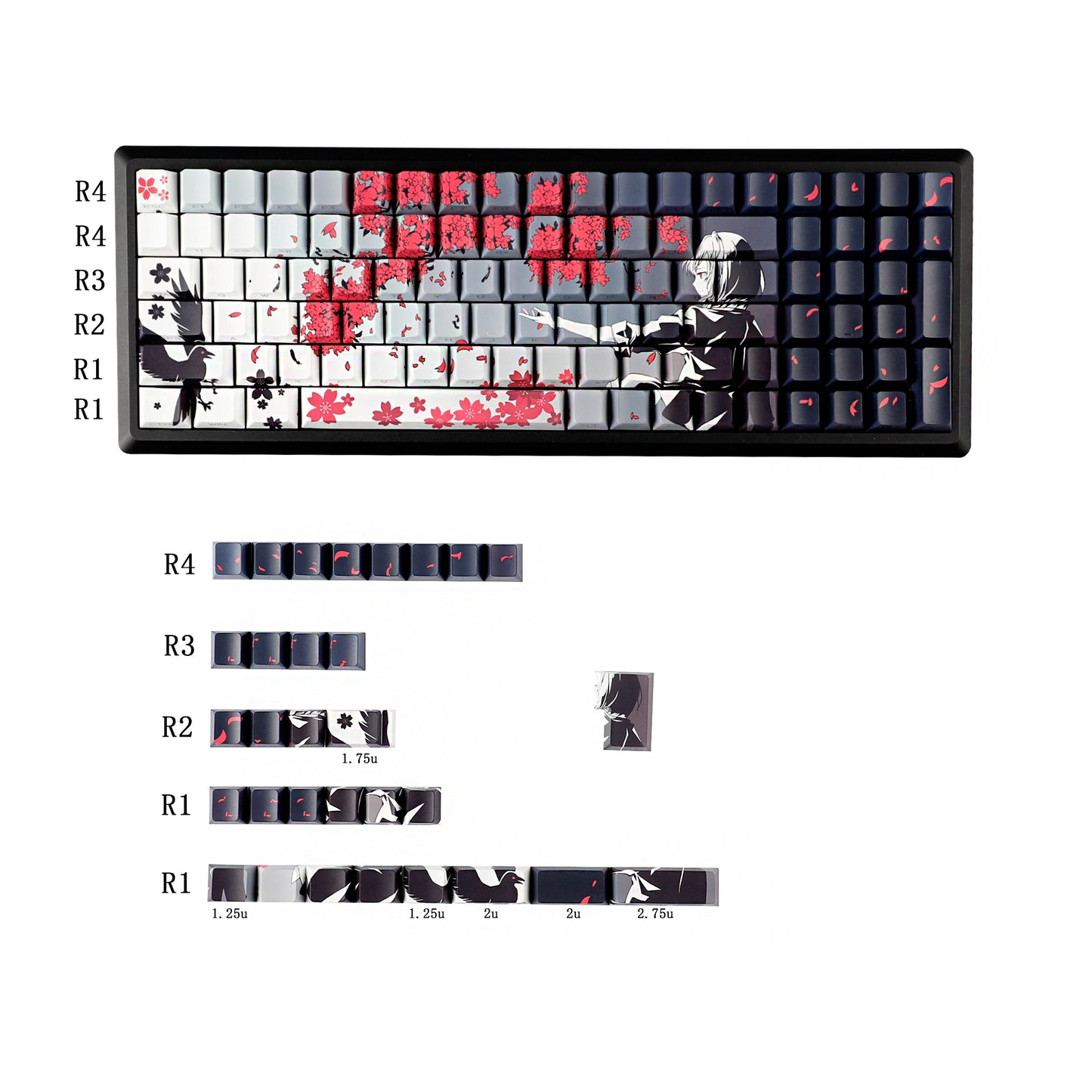 YMDK 131 Raven Sakura Keycap Cherry Profile Double Shot Sidelit Shine Through PBT Keycaps for 65/75/87/98/100/104 MX Mechanical Keyboard