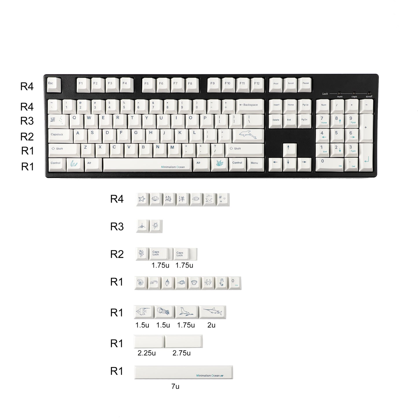 YMDK 131 Keys Minimalist Ocean Theme Keycaps Top Print PBT Dye Sub Cherry Profile Keycap for 75/87/98/104/108 MX Mechanical Keyboard