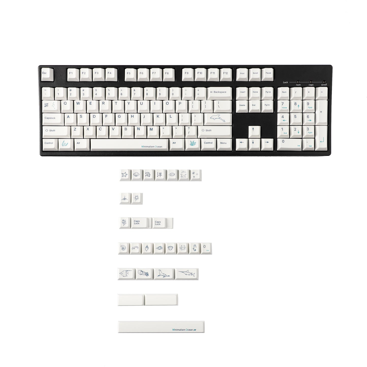YMDK 131 Keys Minimalist Ocean Theme Keycaps Top Print PBT Dye Sub Cherry Profile Keycap for 75/87/98/104/108 MX Mechanical Keyboard