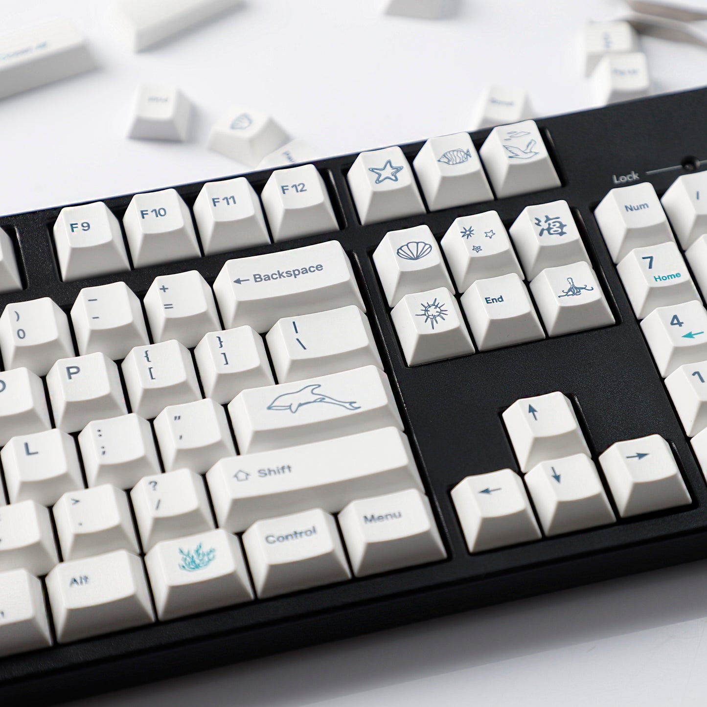 YMDK 131 Keys Minimalist Ocean Theme Keycaps Top Print PBT Dye Sub Cherry Profile Keycap for 75/87/98/104/108 MX Mechanical Keyboard