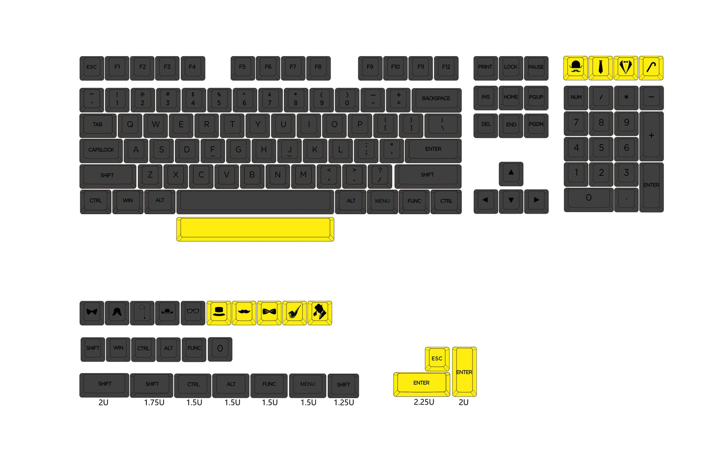 YMDK 135 Ultra-slim Gentleman Mx Low Profile Dye Sub PBT Keycaps For Mx 61 64 68 75 84 87 96 108 Layout Mechanical Keyboard