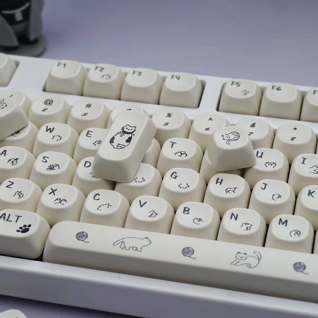 YMDK 124 Keys Milky White Cat Theme Keycap MOA Profile PBT Dye Sublimation Keycaps Top Print for 61/68/87/98/104/108 Layout MX Mechanical Keyboards