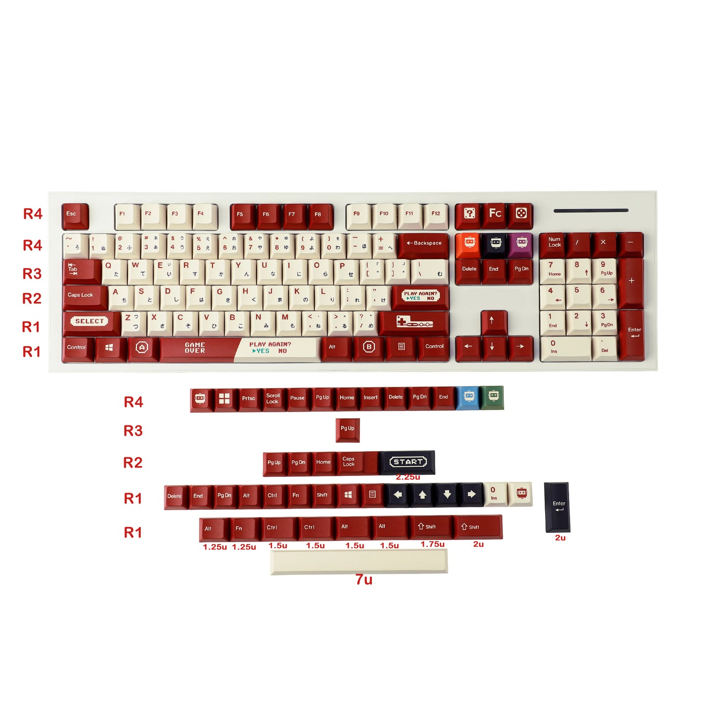 Gameboy Retro Red Beige Dye Sub Gaming Japanese Keycaps Thick PBT Cherry Profile For TKL GK61 96 GMMK MX Keyboard FC