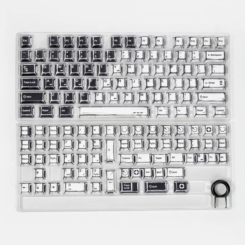 YMDK Black White Comic Keycaps Full Set 136 Keys Manga Anime Minimalist Style Dye Sub PBT Cherry Profile for MX Mechanical Keyboard