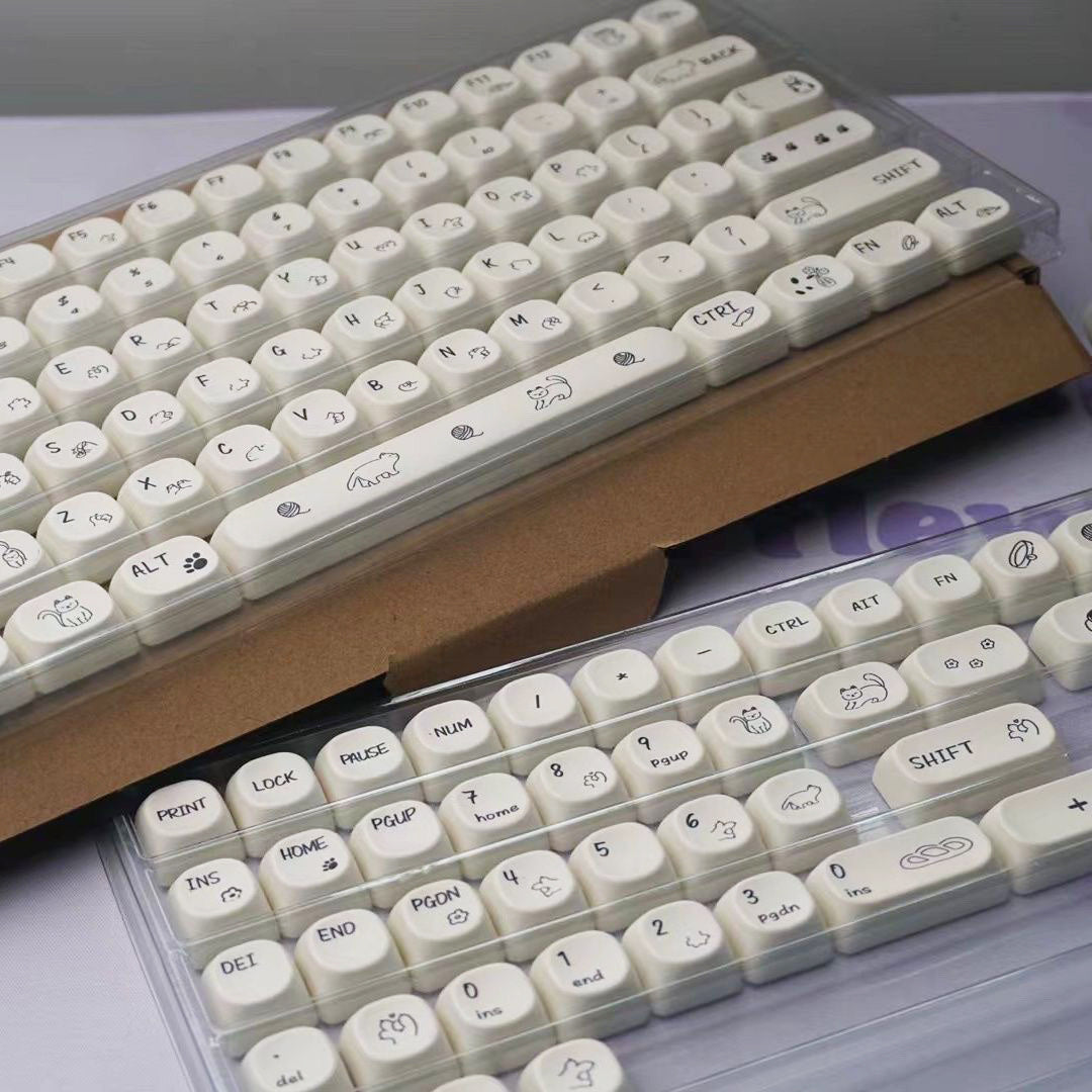 YMDK 124 Keys Milky White Cat Theme Keycap MOA Profile PBT Dye Sublimation Keycaps Top Print for 61/68/87/98/104/108 Layout MX Mechanical Keyboards