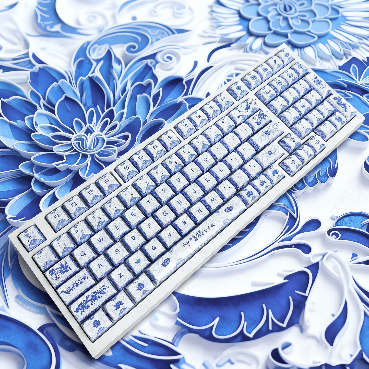 YMDK 138 Keys Blue and White Porcelain Theme Keycaps ZDA Profile Sublimated Mirror Ceramic Feel Keycap for 61/68/87/98/104/108 MX Mechanical Keyboard