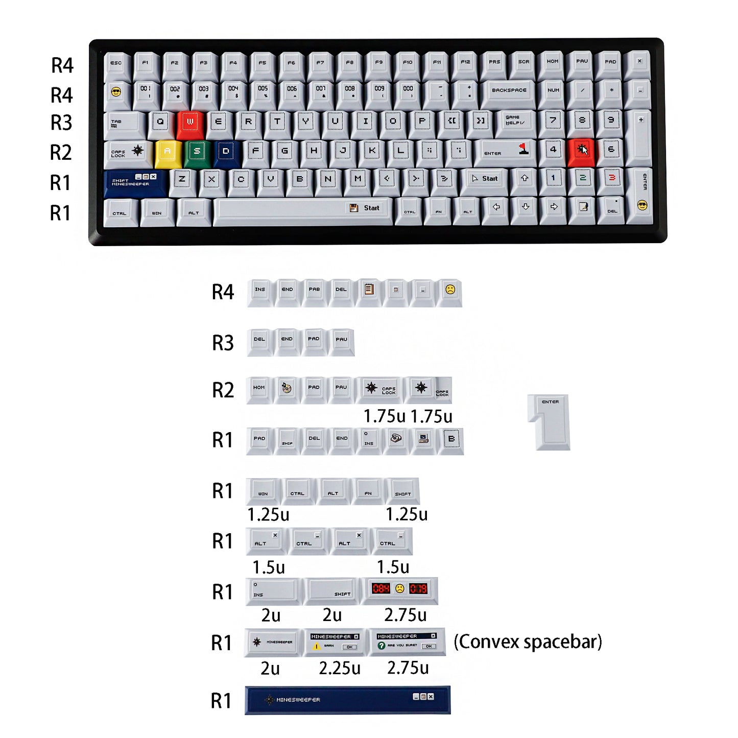 YMDK 143 Minesweeper Game Theme Keycaps Thick PBT Top Print Cool Creative Keycap Cherry Profile Contrast Color Design Custom Key Cap for MX Mechanical Keyboards