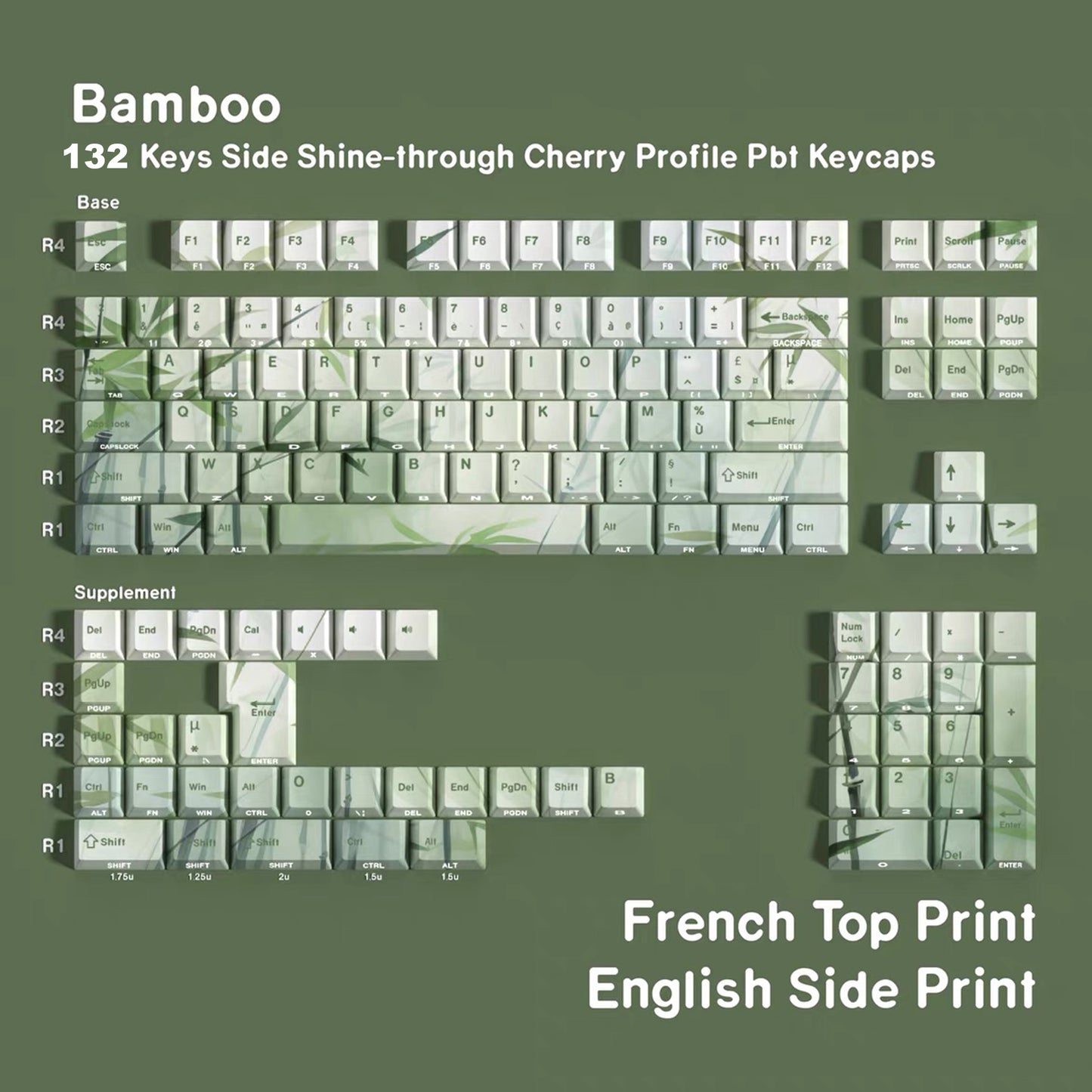 YMDK Bamboo Forest 132 keys Cherry Profile PBT Dye Sub Sidelit Keycaps Japanese, German, French, Spanish, and Russian for 61/84/87/104/108 MX Mechanical Keyboard