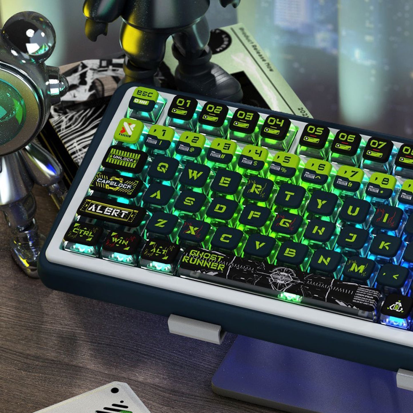 YMDK Ghost Runner 4-Side Shine Through PBT+PC Keycaps, Dye-Sub MSA Profile Custom Keycaps for 61/84/87/96/100/104/108 MX Mechanical Keyboards