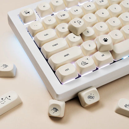 YMDK 124 Keys Milky White Cat Theme Keycap MOA Profile PBT Dye Sublimation Keycaps Top Print for 61/68/87/98/104/108 Layout MX Mechanical Keyboards