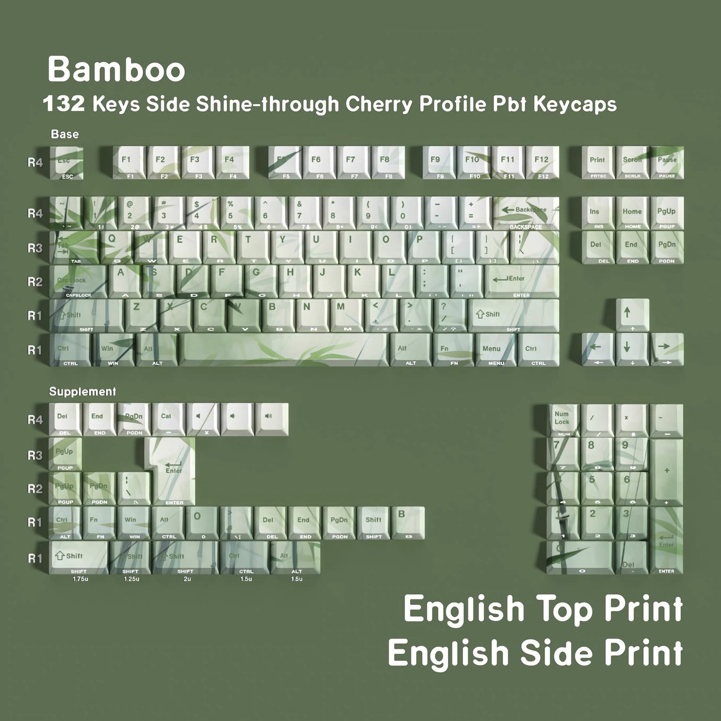 YMDK Bamboo Forest 132 keys Cherry Profile PBT Dye Sub Sidelit Keycaps Japanese, German, French, Spanish, and Russian for 61/84/87/104/108 MX Mechanical Keyboard