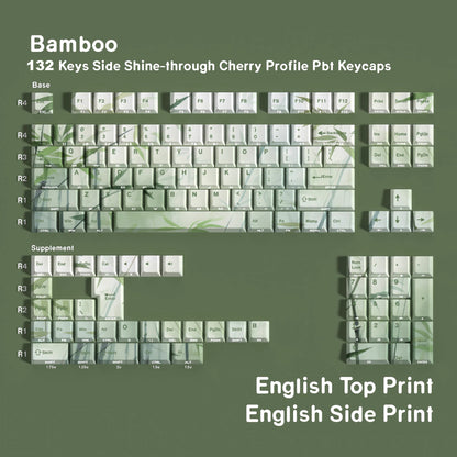 YMDK Bamboo Forest 132 keys Cherry Profile PBT Dye Sub Sidelit Keycaps Japanese, German, French, Spanish, and Russian for 61/84/87/104/108 MX Mechanical Keyboard