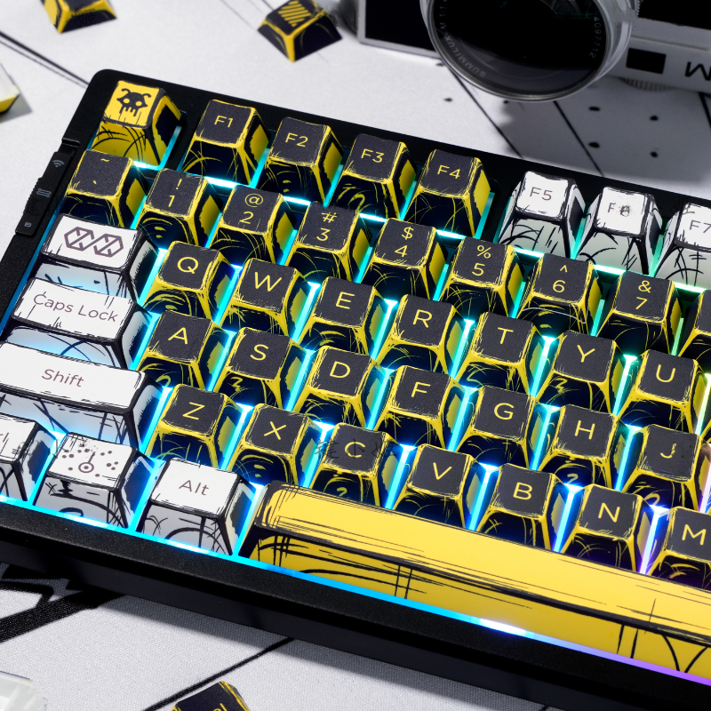 YMDK Virtual War Theme Comic Style Keycaps Full Set 138 Keys Novel Custom Mange Anime Key Caps PBT Dye Sub Cherry Profile Keycap for MX Mechanical Keyboard