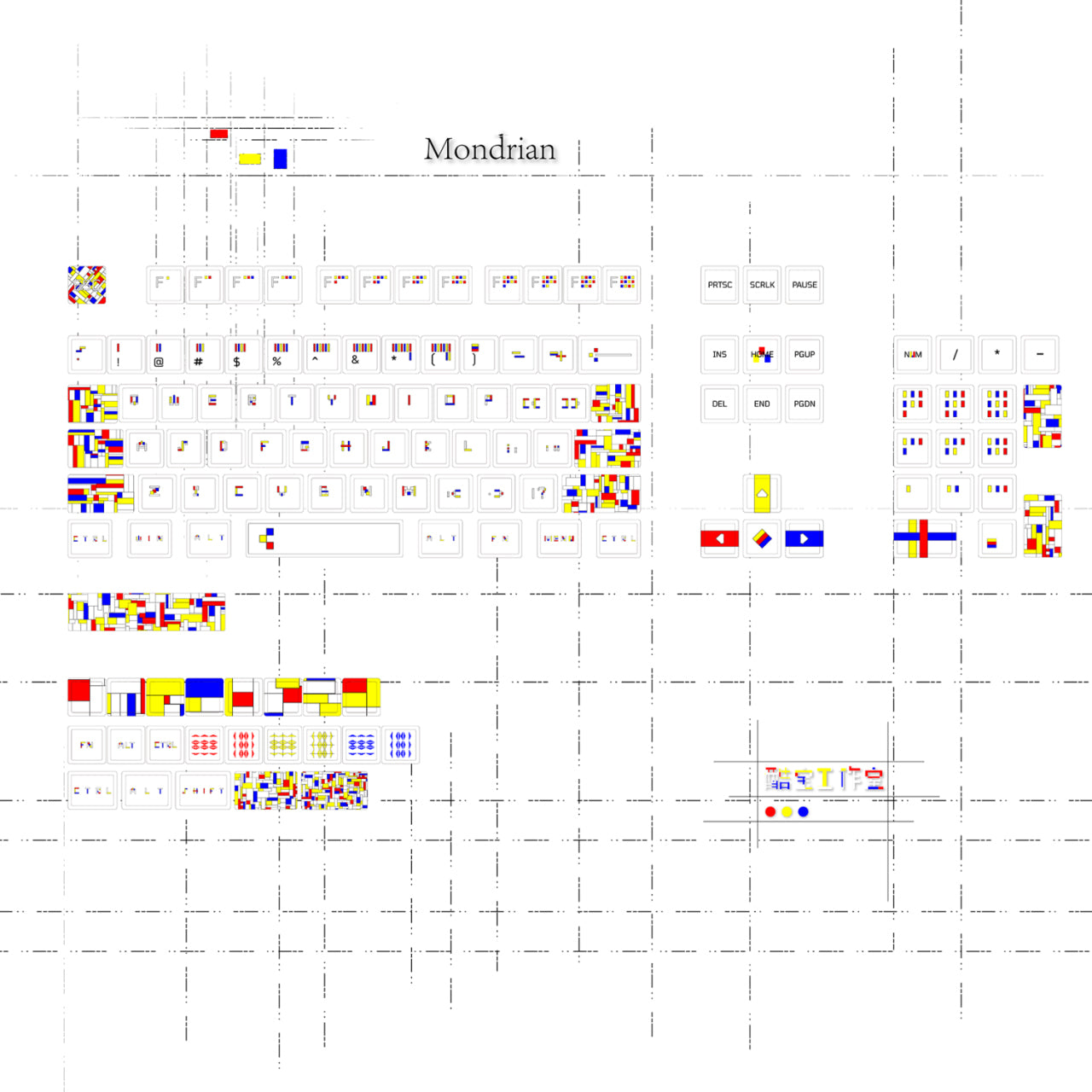 YMDK Mondrian Theme Keycaps Full Set 127 Keys XDA Profile PBT Dye Sub Keycap for MX Mechanical Keyboard