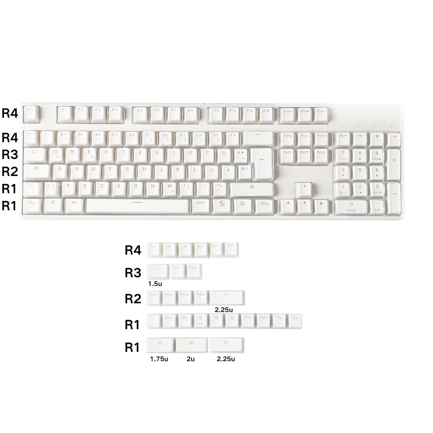 YMDK White Pudding Full Set German ISO QWERTZ Double Shot PBT Shine Through OEM Profile Keycap set For MX Switches Mechanical Keyboard