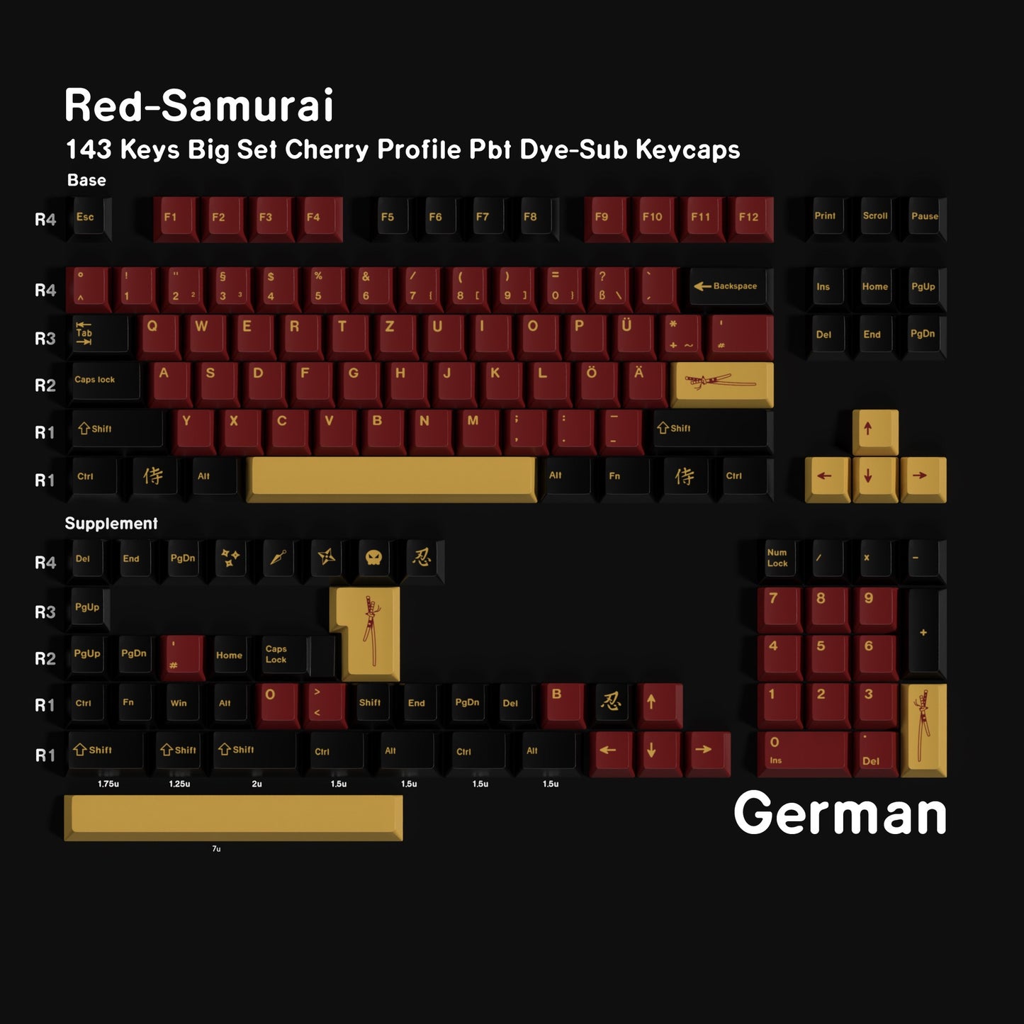 YMDK 143 Keys Red-Samurai Cherry Profile Keycaps English Russian German Spanish French PBT Dye Sub Keycap For MX Mechanical Keyboards