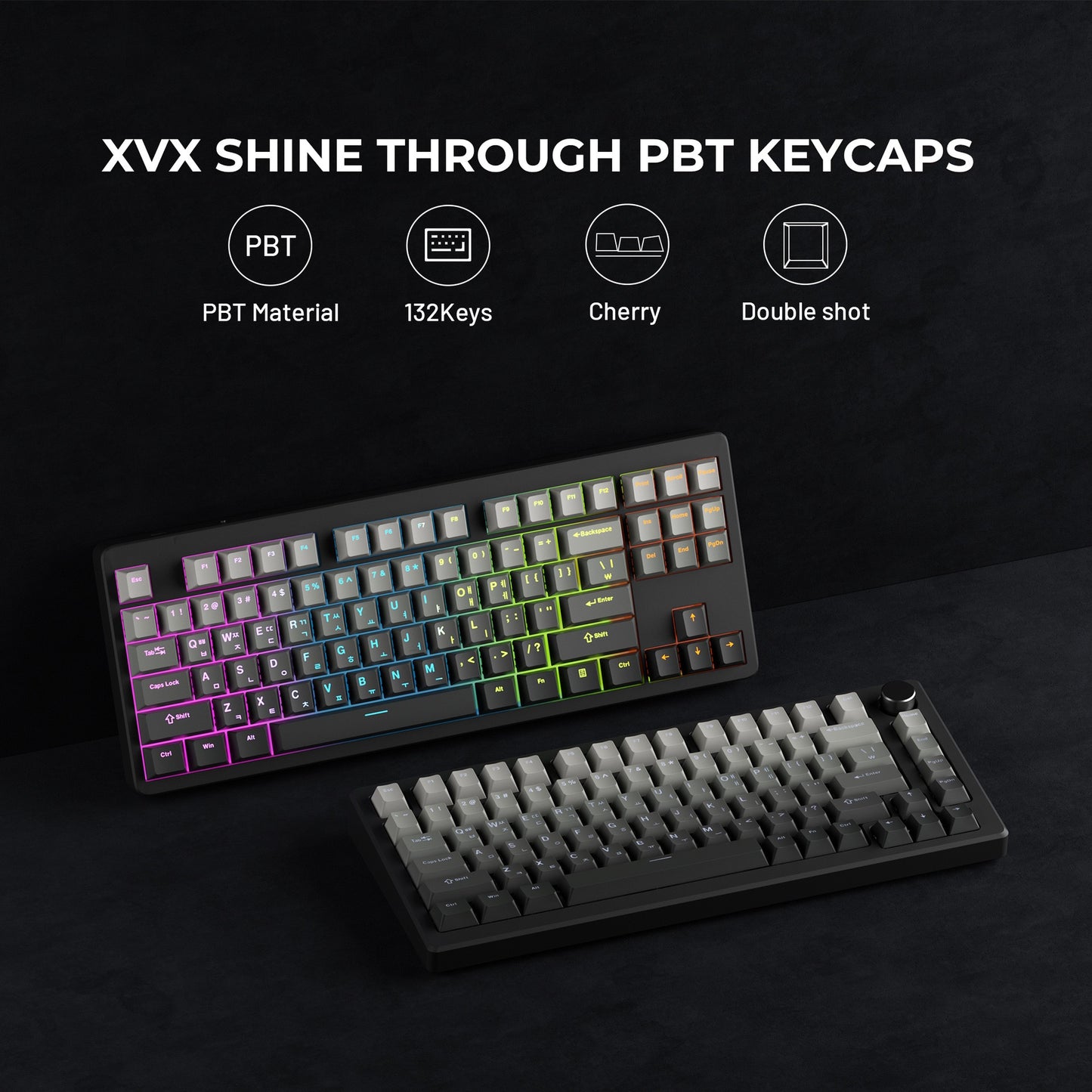 YMDK Korean 132-key Keycaps Backlit Ink Shadow Style Design, Cherry Profile PBT Double Shot for 68/75/87/98/104/108 Mechanical Keyboards