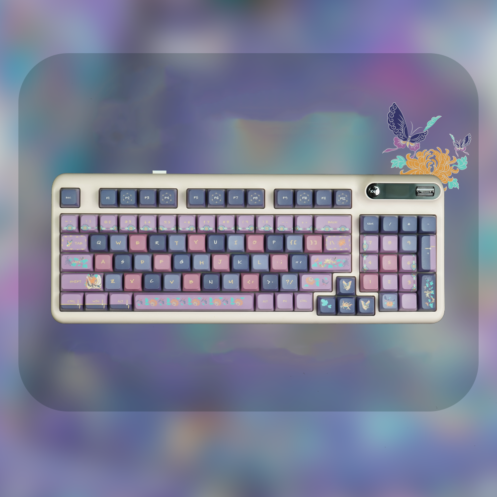 YMDK Snow Blue Chrysanthemum Butterfly Theme Keycaps Full Set 126 Keys MDA Profile PBT Dye Sub Keycap for MX Mechanical Keyboard