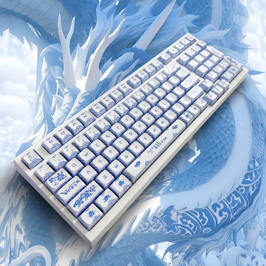YMDK 138 Keys Blue and White Porcelain Theme Keycaps ZDA Profile Sublimated Mirror Ceramic Feel Keycap for 61/68/87/98/104/108 MX Mechanical Keyboard