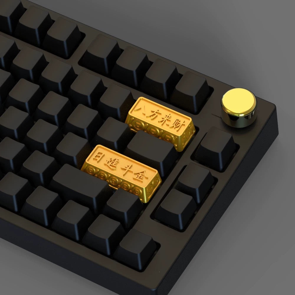 YMDK 1pcs Esc 1u Enter 2.25u Backspace 2u Gold Fortune Themed Personalized Electroplated Zinc Alloy Keycap for MX Mechanical Keyboard