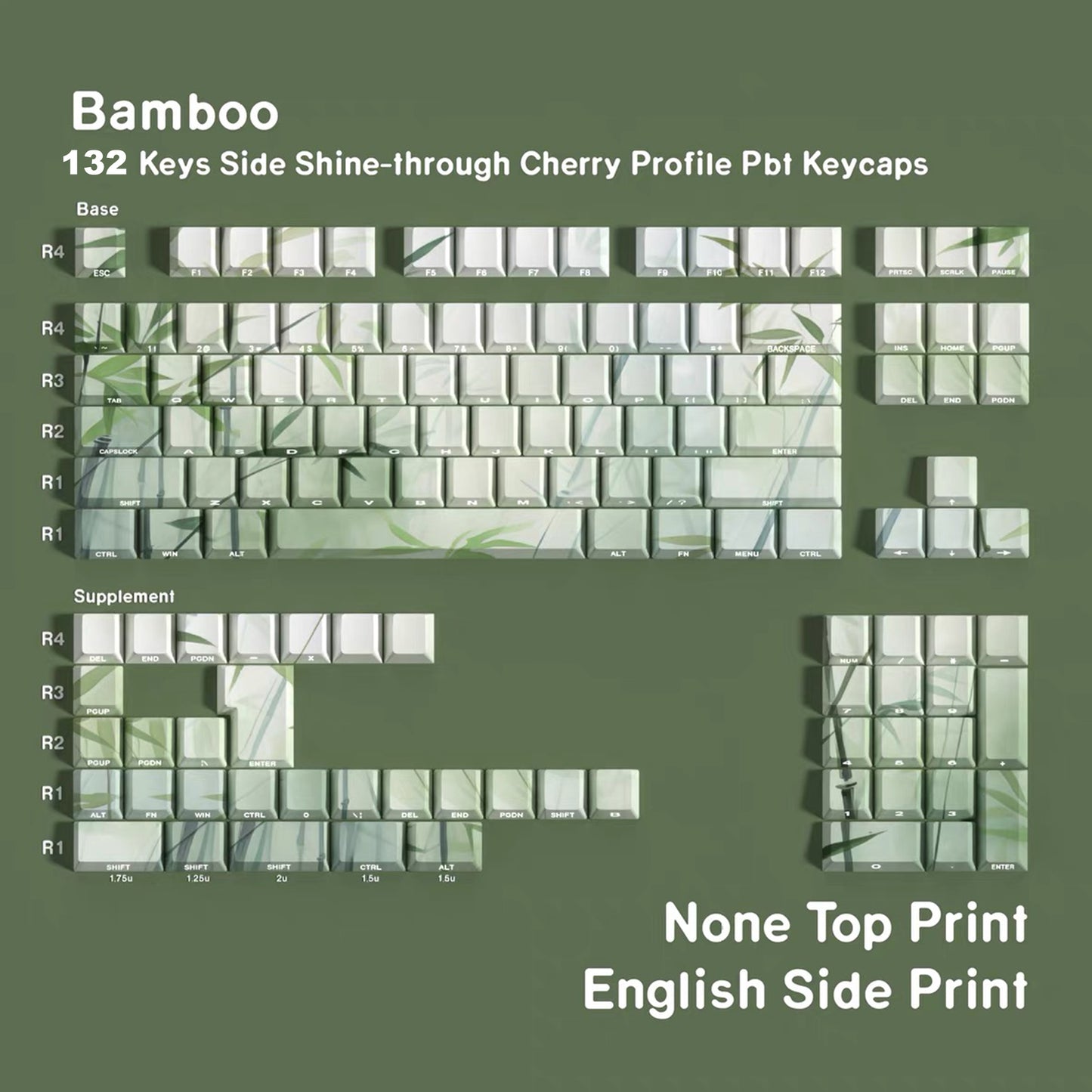 YMDK Bamboo Forest 132 keys Cherry Profile PBT Dye Sub Sidelit Keycaps Japanese, German, French, Spanish, and Russian for 61/84/87/104/108 MX Mechanical Keyboard
