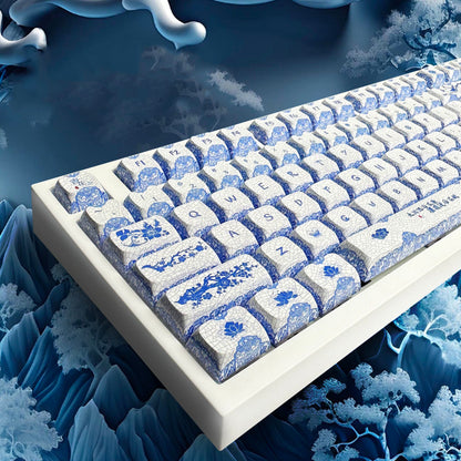YMDK 138 Keys Blue and White Porcelain Theme Keycaps ZDA Profile Sublimated Mirror Ceramic Feel Keycap for 61/68/87/98/104/108 MX Mechanical Keyboard