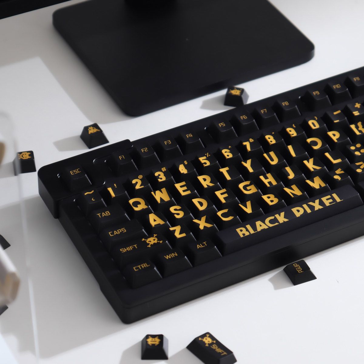 YMDK Black Gold Large Font Full Set 129 Keys Keycaps Creative Cool Custom Key Cap PBT Dye Sub Cherry Profile for MX Mechanical Keyboard