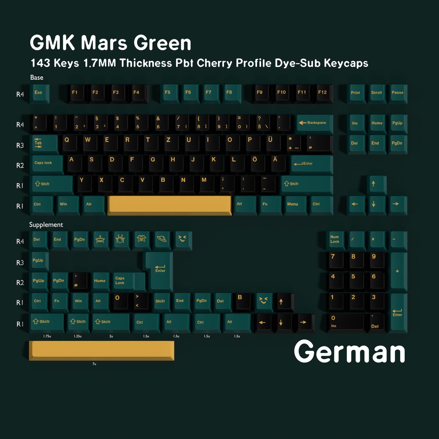 YMDK 143 Keys Mars Green Cherry Profile Keycaps English Russian German Spanish French PBT Dye Sub Keycap For MX Mechanical Keyboards