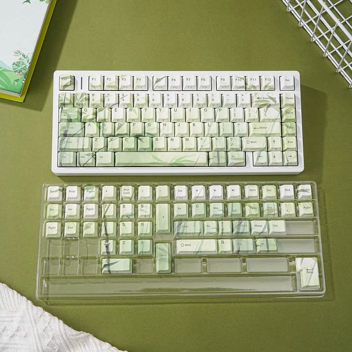YMDK Bamboo Forest 132 keys Cherry Profile PBT Dye Sub Sidelit Keycaps Japanese, German, French, Spanish, and Russian for 61/84/87/104/108 MX Mechanical Keyboard