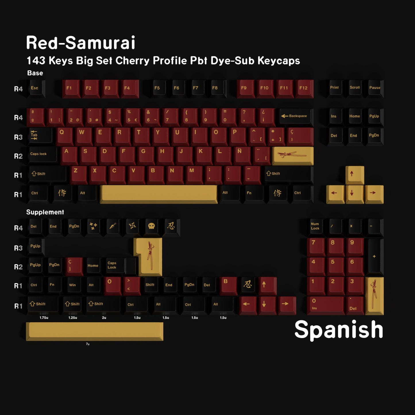 YMDK 143 Keys Red-Samurai Cherry Profile Keycaps English Russian German Spanish French PBT Dye Sub Keycap For MX Mechanical Keyboards