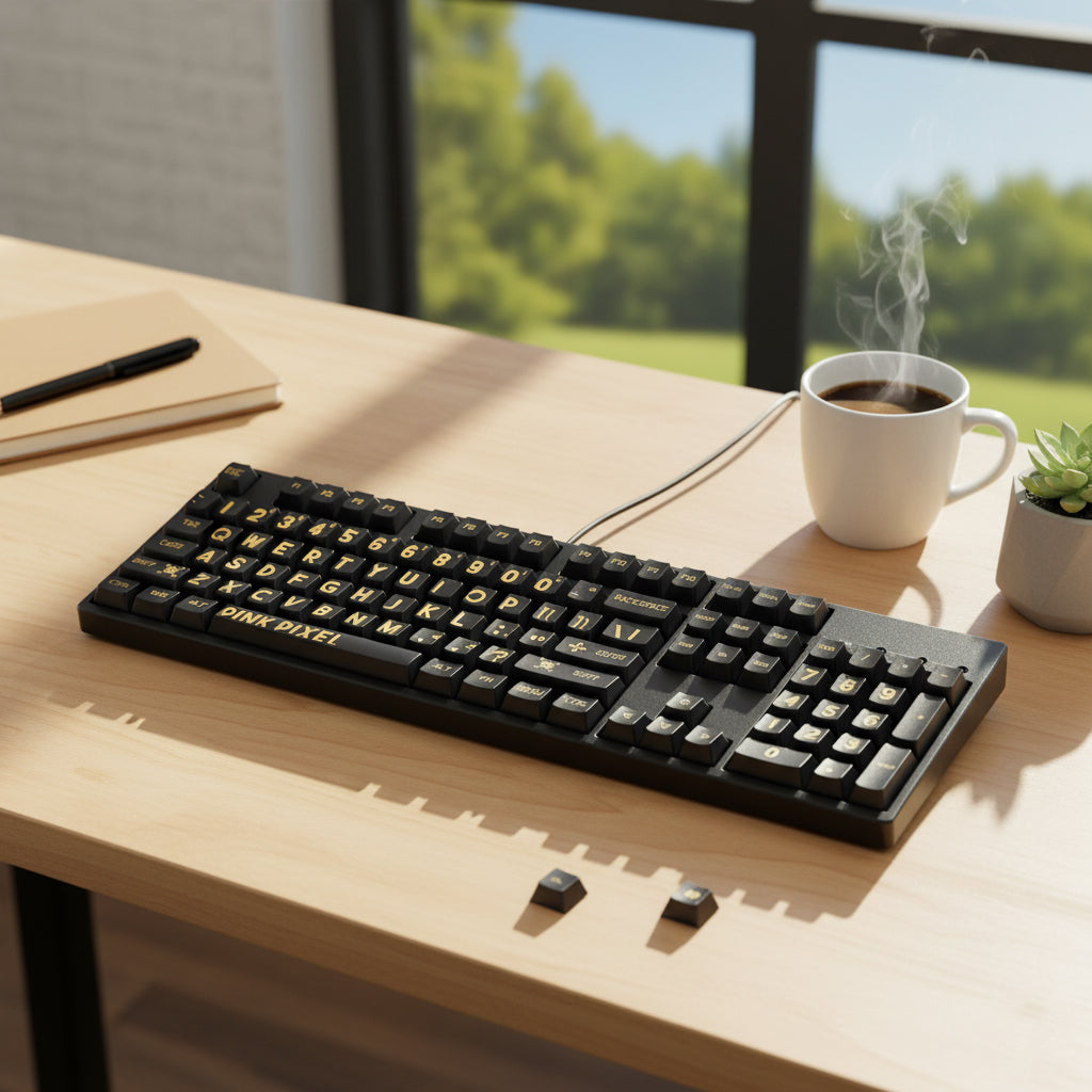 YMDK Black Gold Large Font Full Set 130 Keys Keycaps Creative Cool Custom Key Cap PBT Dye Sub Cherry Profile for MX Mechanical Keyboard