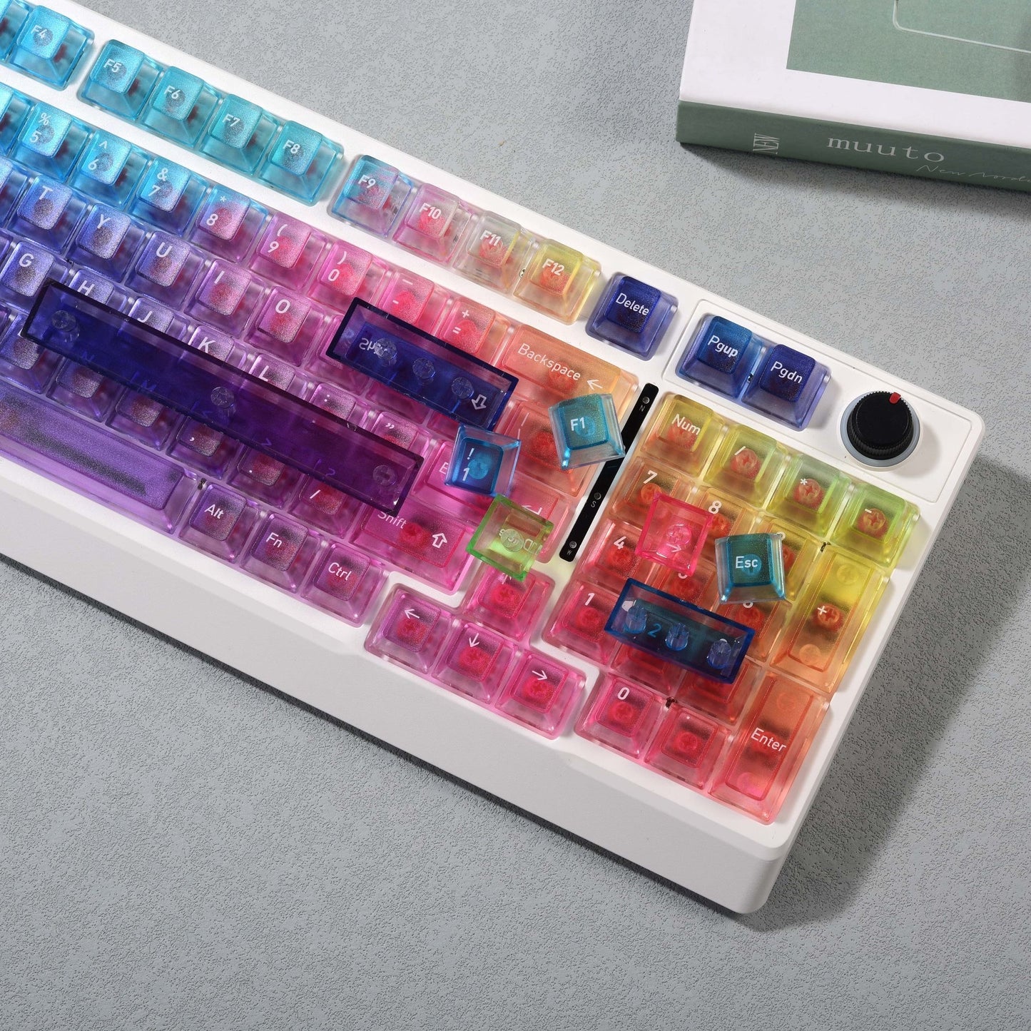 YMDK Rainbow Gradient Theme Keycaps Frosted Clear 115 keys PC Cherry Profile Shine Through Custom Keycap for 61/68/75/87/96/100/104/108 MX Mechanical Keyboard