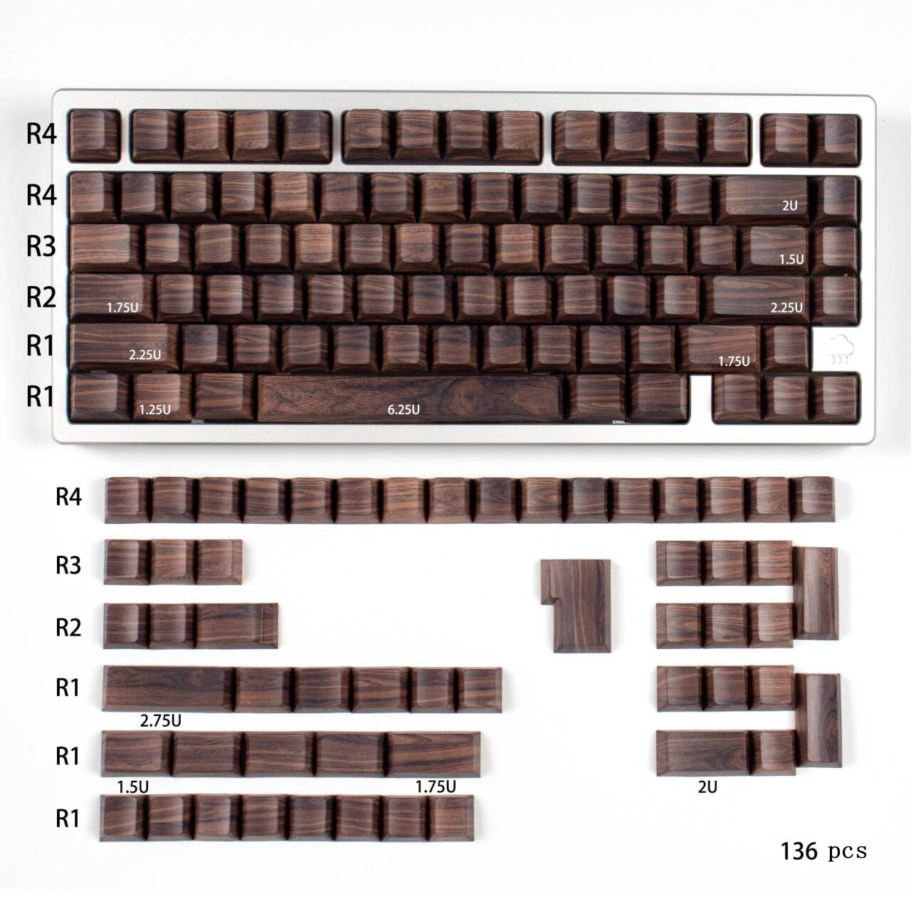 YMDK Walnut Keycaps Novel Creative Keycap 136 Keys Side Light Transmitting Key Cap PBT Dye Sub Cherry Profile for MX Mechanical Keyboard