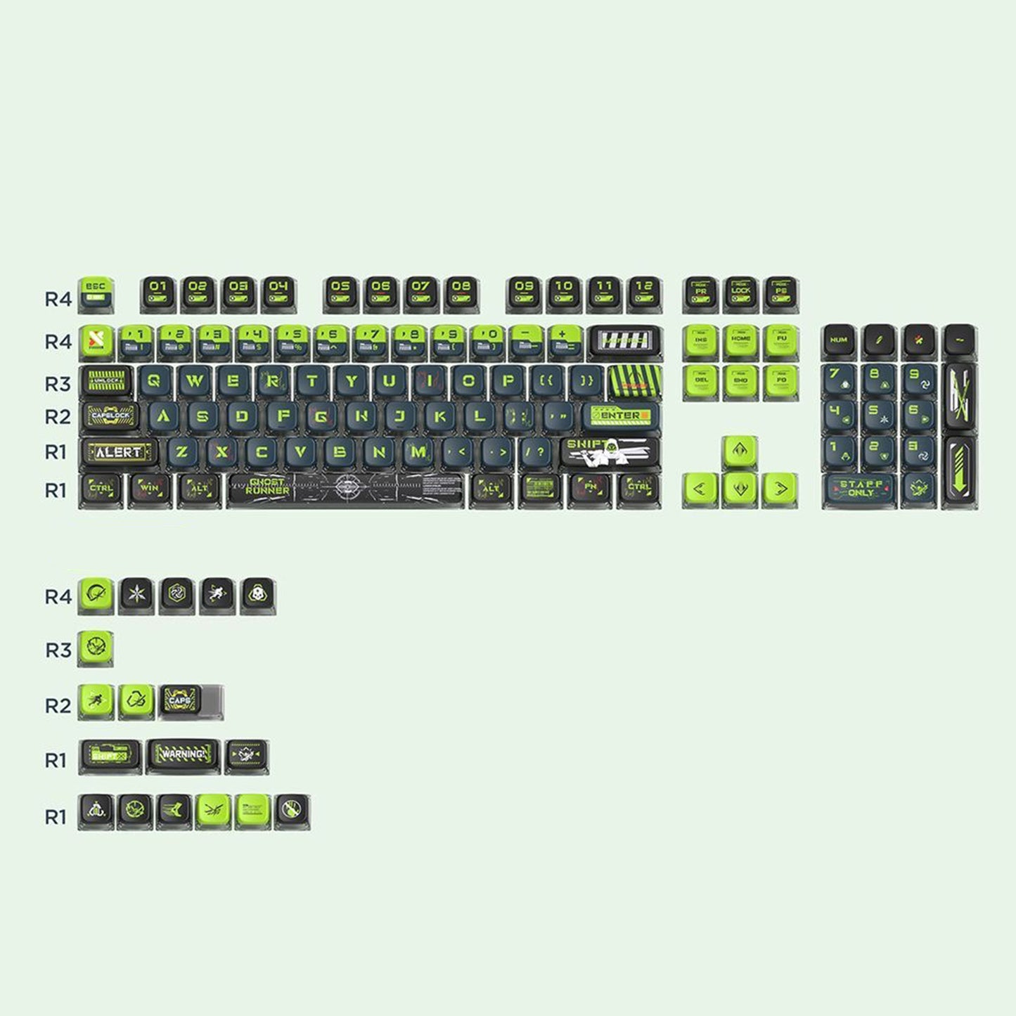 YMDK Ghost Runner 4-Side Shine Through PBT+PC Keycaps, Dye-Sub MSA Profile Custom Keycaps for 61/84/87/96/100/104/108 MX Mechanical Keyboards