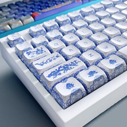 YMDK 138 Keys Blue and White Porcelain Theme Keycaps ZDA Profile Sublimated Mirror Ceramic Feel Keycap for 61/68/87/98/104/108 MX Mechanical Keyboard