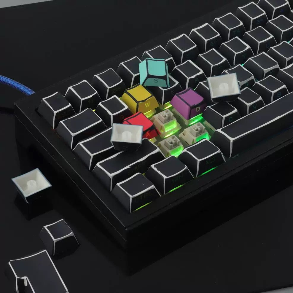 YMDK Sketch Keycaps Full Set 124 Keys Creative Comic Style Sidelit Cherry Profile PBT Dye Sub Keycap for MX Mechanical keyboard