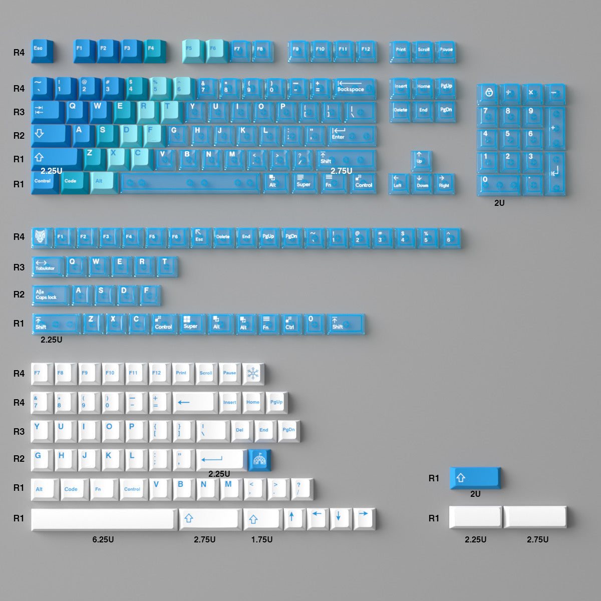 YMDK Hawaii Snow Mountain Full Set Keycaps 207 Keys PBT Dye Sub+PC Pad Printing Keycap Translucent key Caps Cherry Profile for Mechanical Keyboard