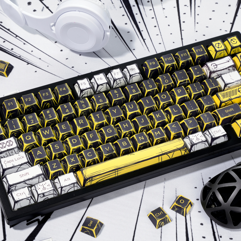 YMDK Virtual War Theme Comic Style Keycaps Full Set 138 Keys Novel Custom Mange Anime Key Caps PBT Dye Sub Cherry Profile Keycap for MX Mechanical Keyboard