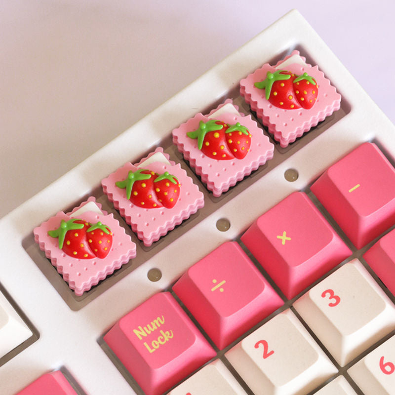 YMDK Strawberry Cookie Biscuit Keycaps 1pcs Pink Cute Resin Material Personalized Handmade Creativity Keycaps for MX Mechanical Keyboard