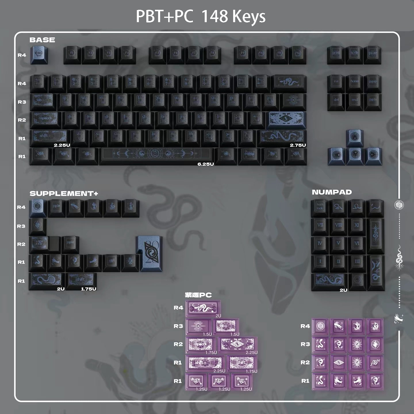 YMDK Spirit Snake Metallic Paint Keycaps, Cherry Profile Dye-Sub PBT+PC Keycap Set for 61/84/87/104/108 MX Mechanical Keyboards