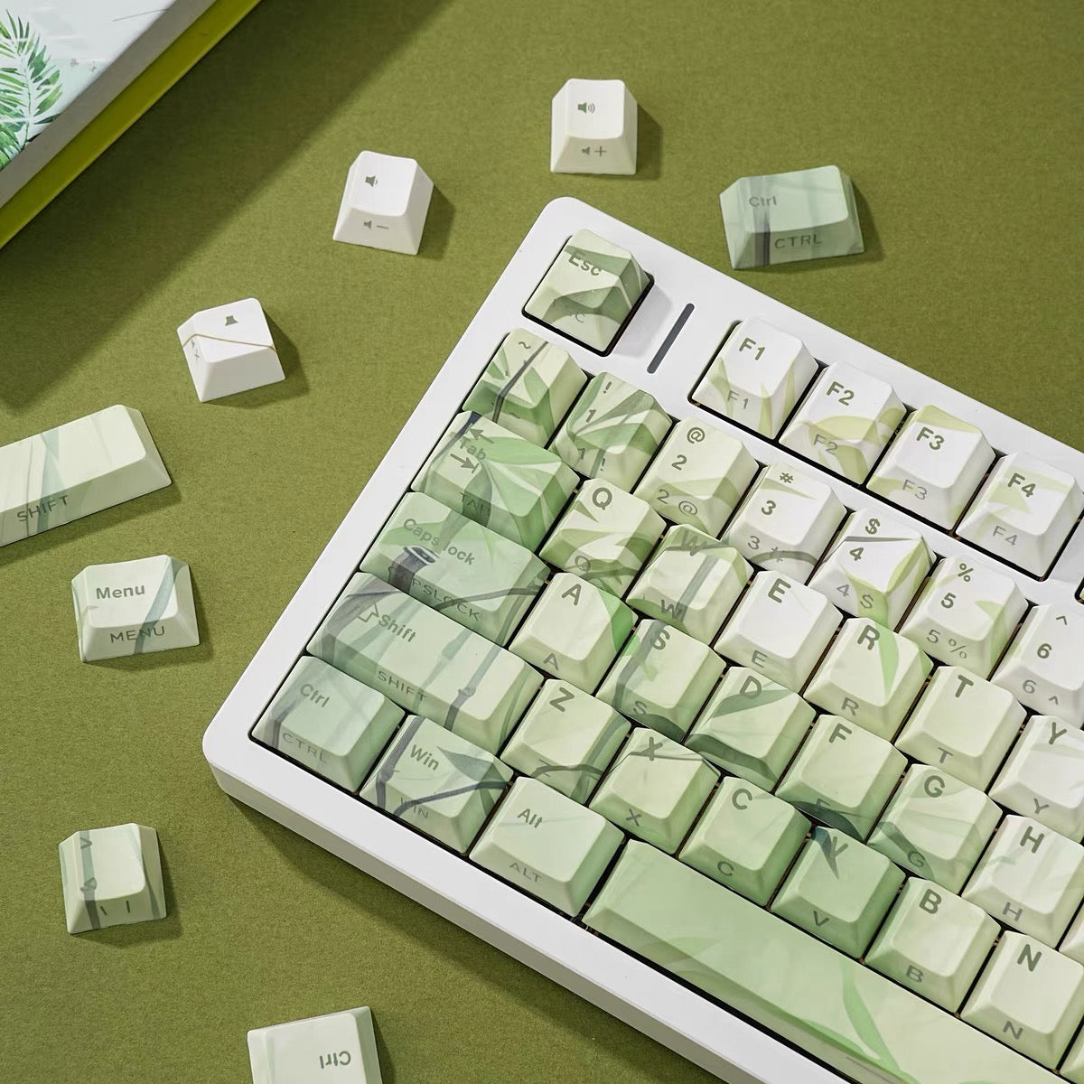 YMDK Bamboo Forest 132 keys Cherry Profile PBT Dye Sub Sidelit Keycaps Japanese, German, French, Spanish, and Russian for 61/84/87/104/108 MX Mechanical Keyboard